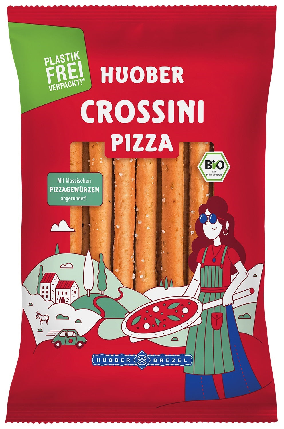 HUOBER Bio Crossini Pizza, plastikfrei verpackt, 12 Packungen à 100g